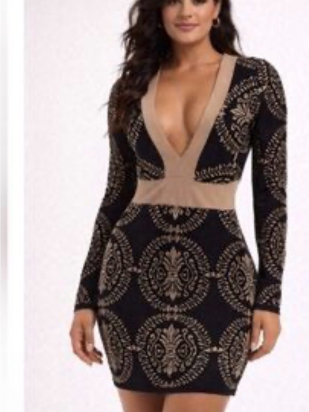 Arden B Black Dress with Tan Medallion Pattern and Deep V-Neck